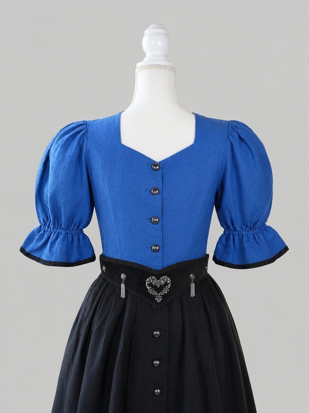 Vintage Blue and Black Maxi Dress with Puff Sleeves and Belt, Dirndl, Whimsy
